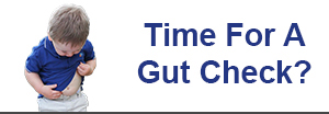 A toddler looking at his gut with text stating “Time For A Gut Check?”.