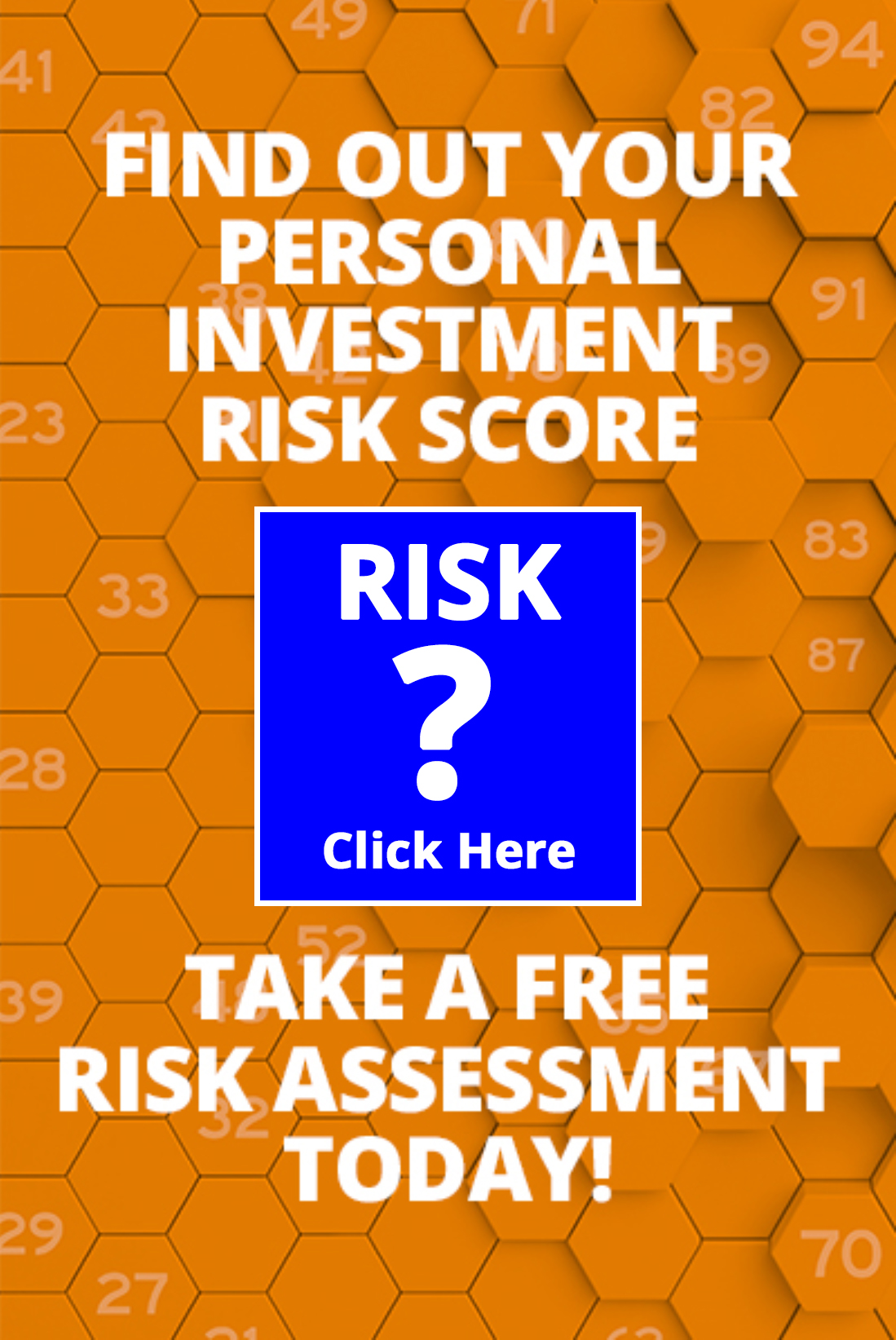 Vertical Rectangle Box Image with orange background and white text stating “Find Out Your Personal Investment Risk Score”, “Take a Free Risk Assessment Today!”